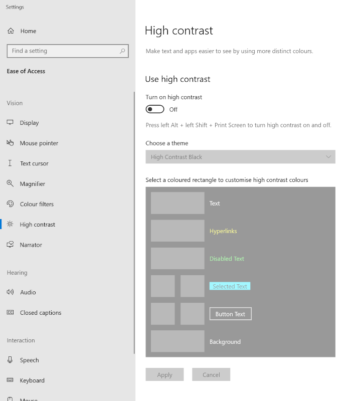 The Settings Page in Windows 10, navigated to Ease of Access, Vision, High Contrast.