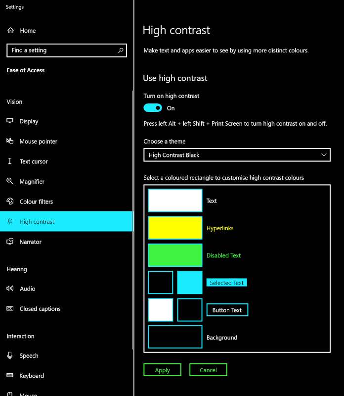 The same Settings page, but now High Contrast Mode is turned on: A theme with light text on dark background chosen.