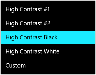 The list of four available default themes in Windows 10, including a fifth, created by the user, named ‘Custom’.