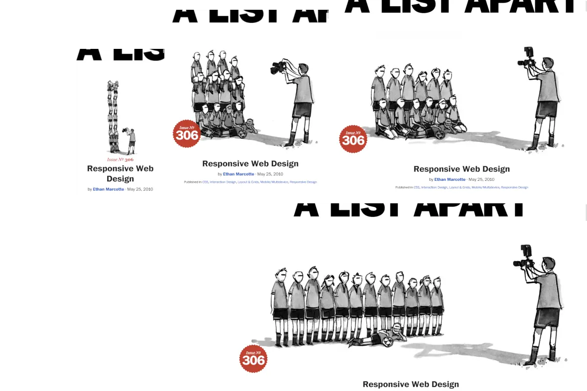 The Responsive Web Design article by Ethan Marcotte, published on May 25, 2010, has several hero images, but only one is shown, and which one gets chosen depends on the screen size.