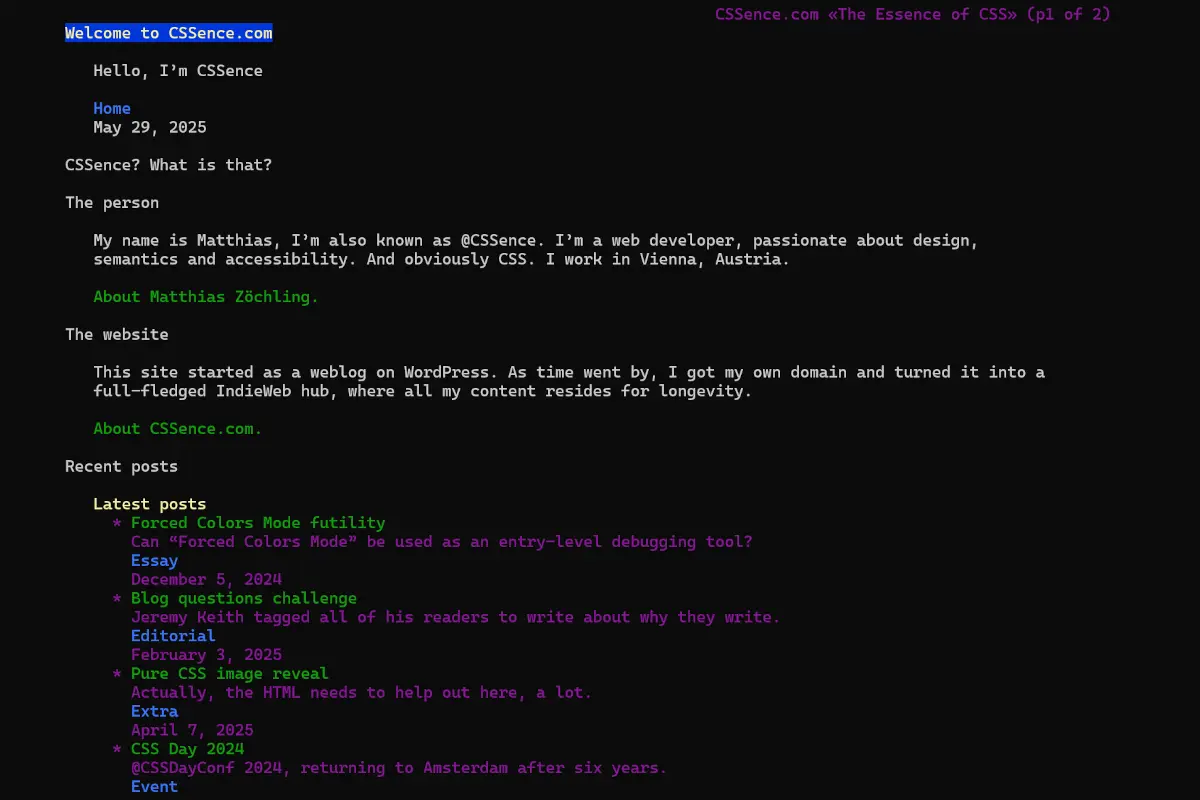 CSSence.com homepage on the text-based Lynx browser.