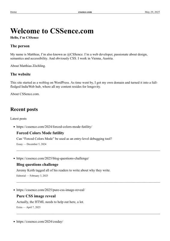 CSSence.com homepage in print style.