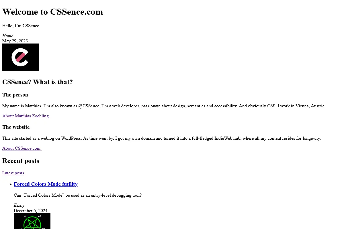 CSSence.com homepage with no page style.