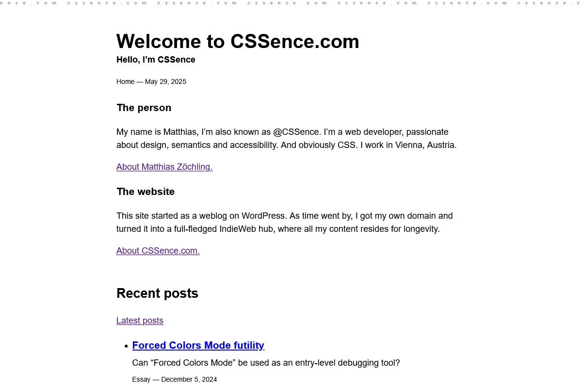 CSSence.com homepage in Basic page style.
