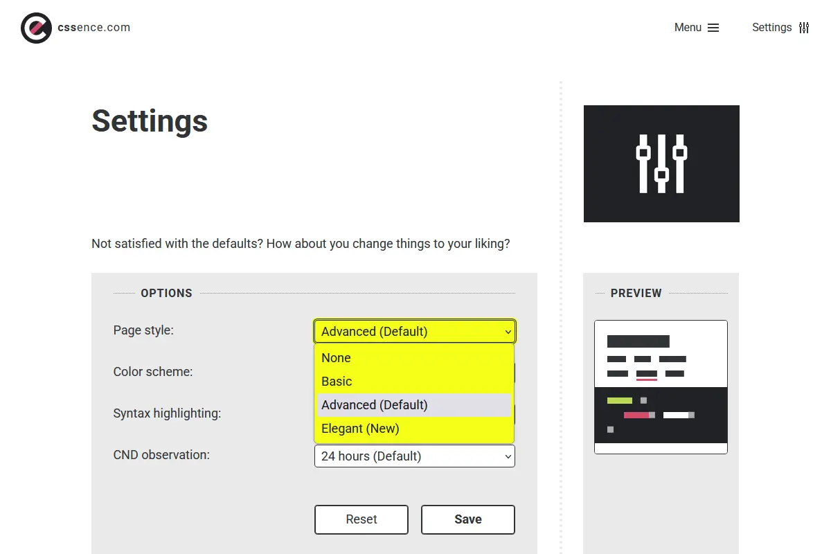 CSSence.com settings page, revealing additional page styles.