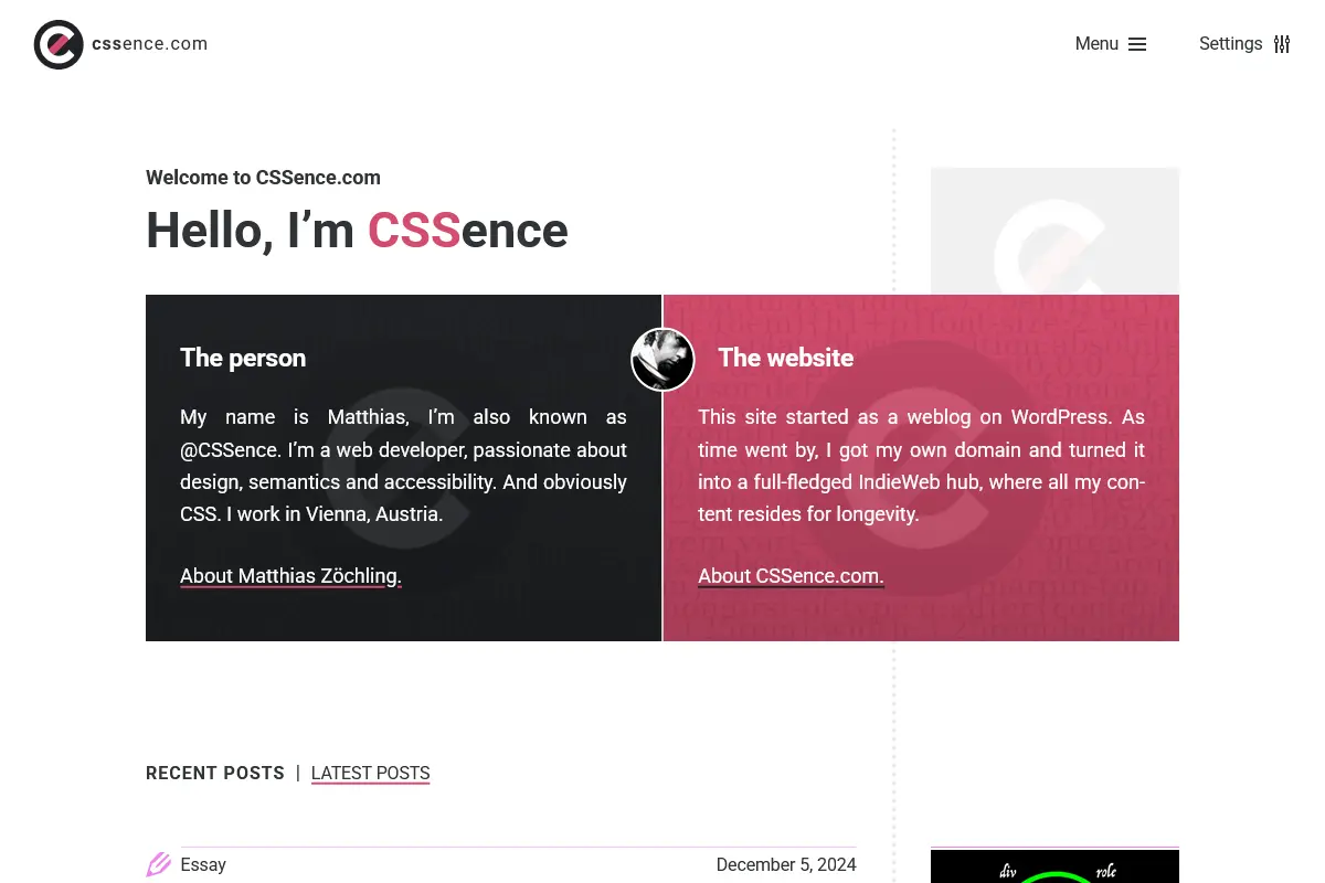 CSSence.com homepage, June 2025.