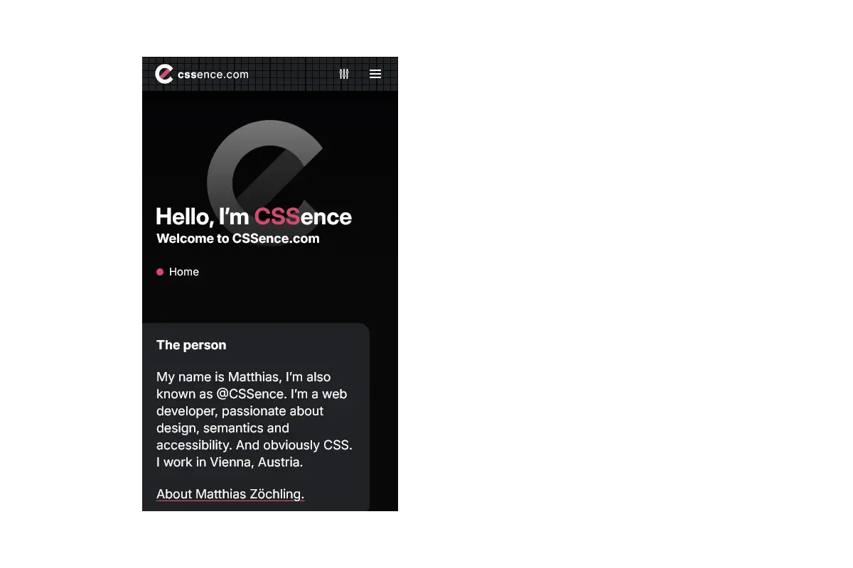 Elegant page style, but on small viewport in dark color scheme.