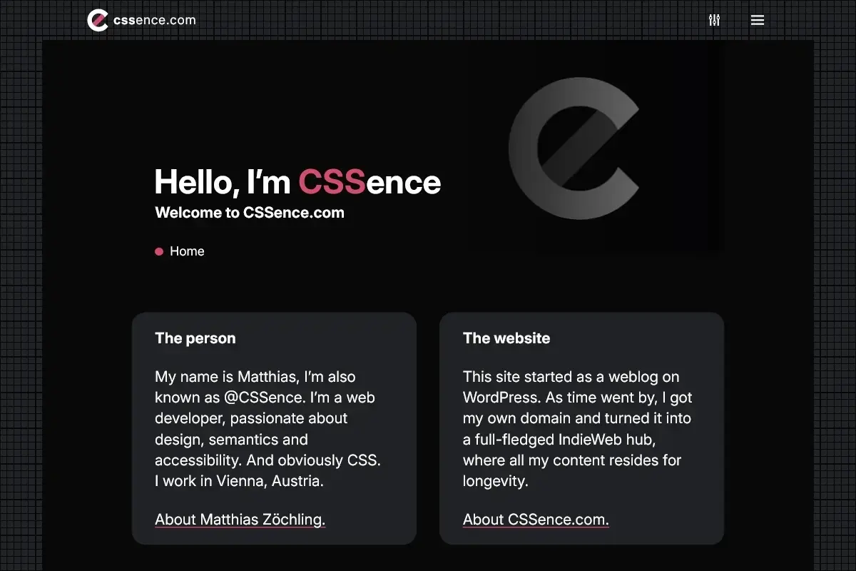 Elegant page style, but on larger viewport in dark color scheme.
