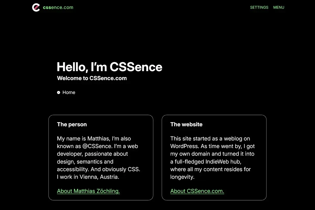CSSence.com homepage in Elegant page style, with Forced Colors Mode override with light text on dark background.