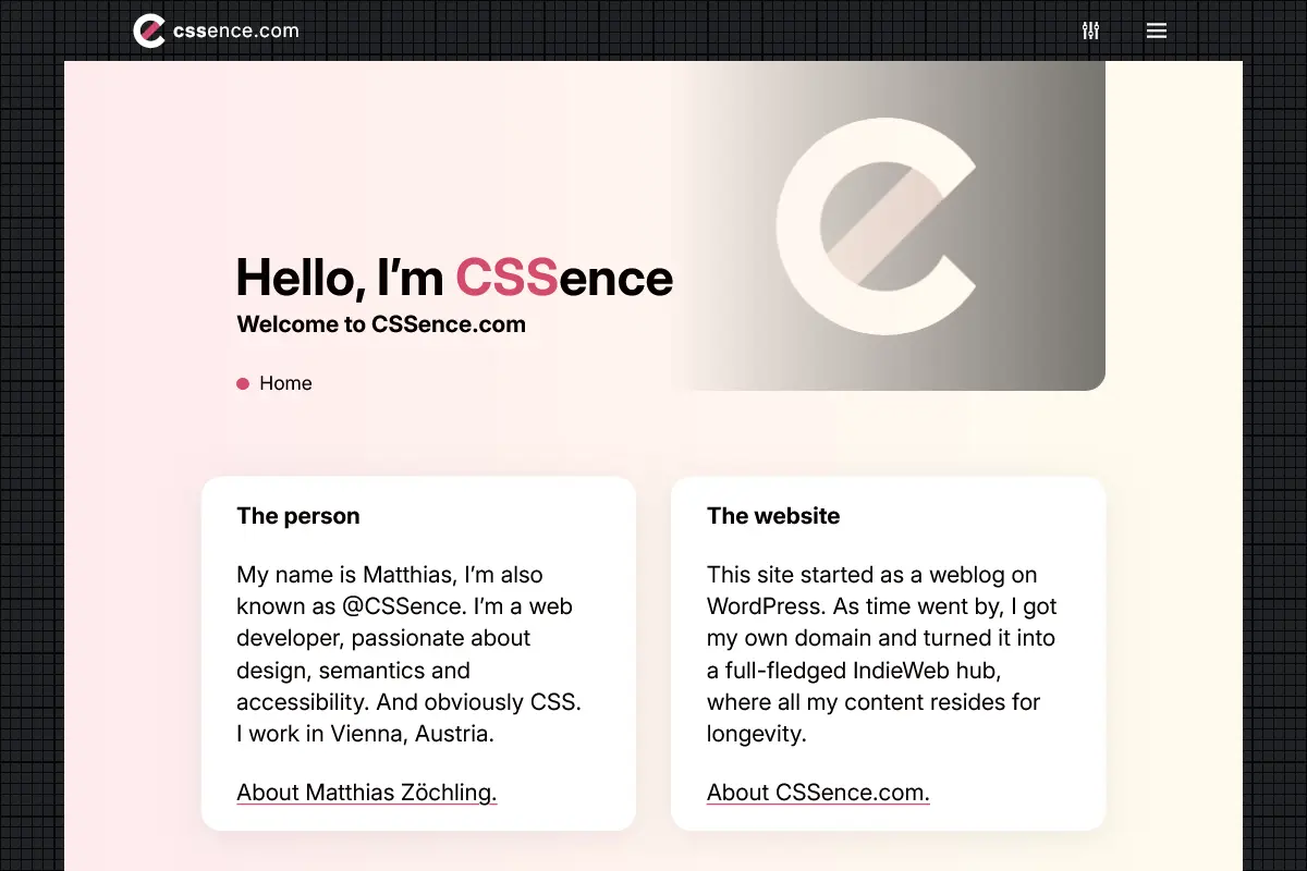 CSSence.com homepage in Elegant page style.